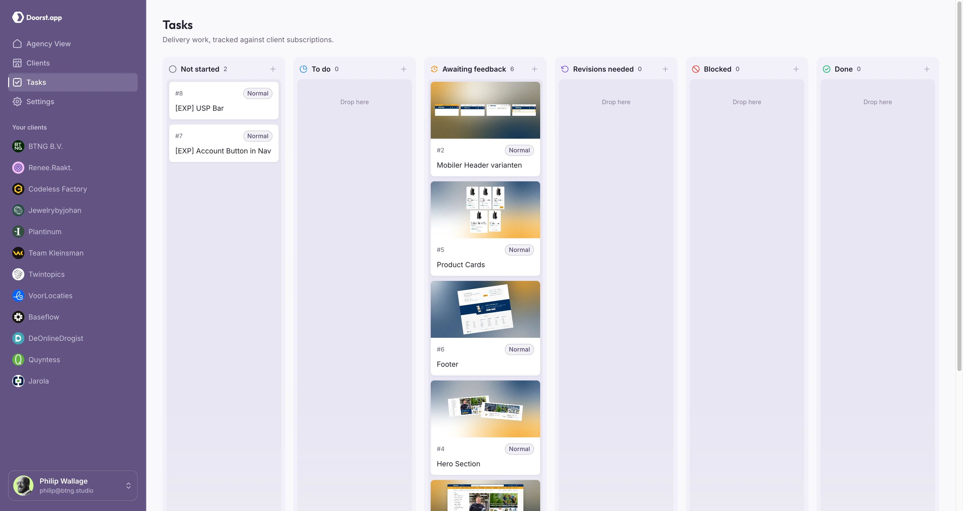 Doorst.app dashboard showing subscriptions and client work